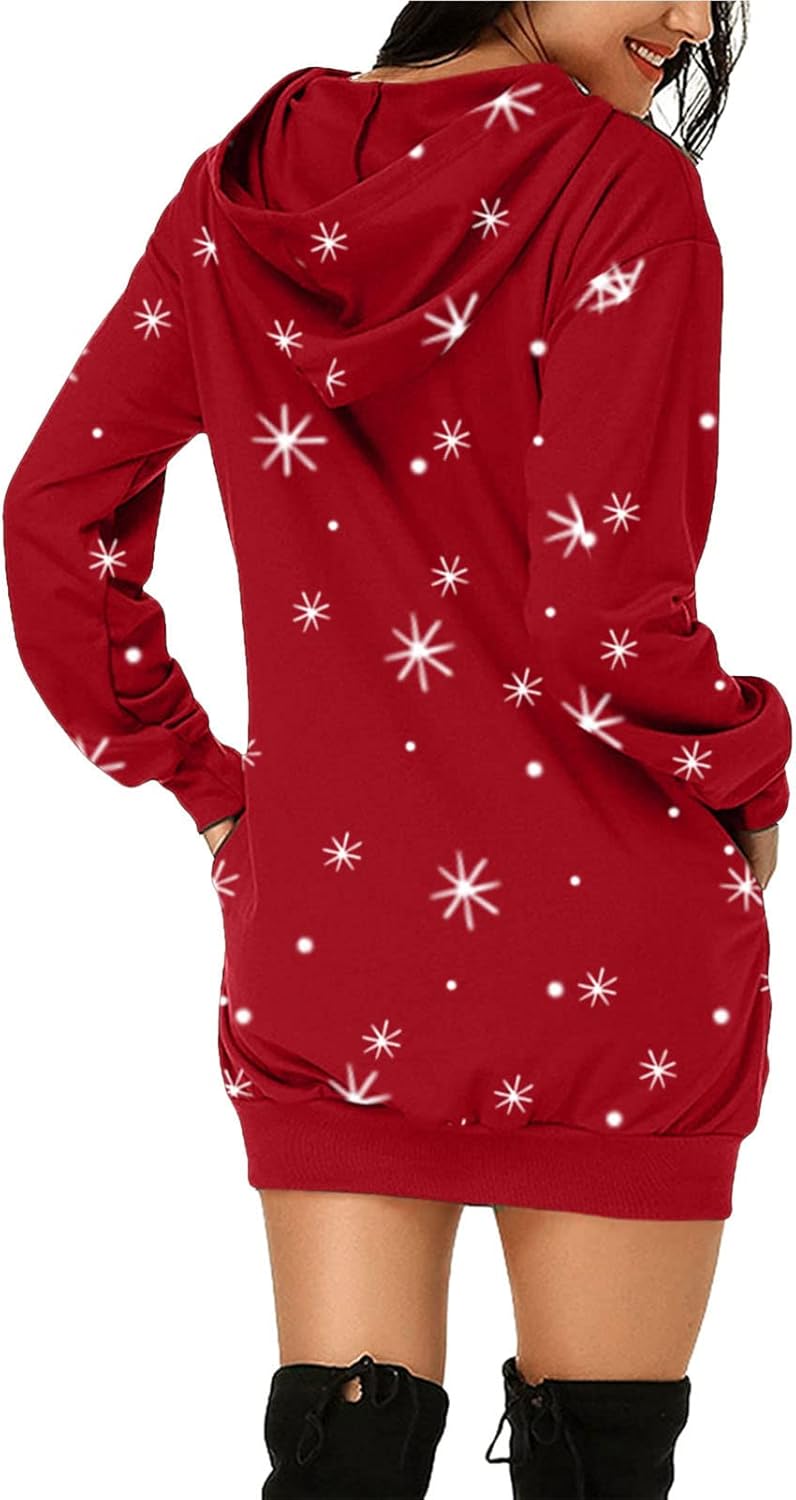 woobles Hoodie Dress, Womens Hoodie Dress Christmas Pattern Print Polyester Casual for Shopping - Image 2